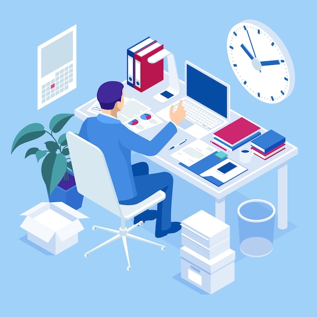 Concepto de trabajo de horas extra isométricas Planificación de la gestión empresarial del tiempo Trabajador de oficina cansado casual que usa una computadora y hace un proyecto de horas extra