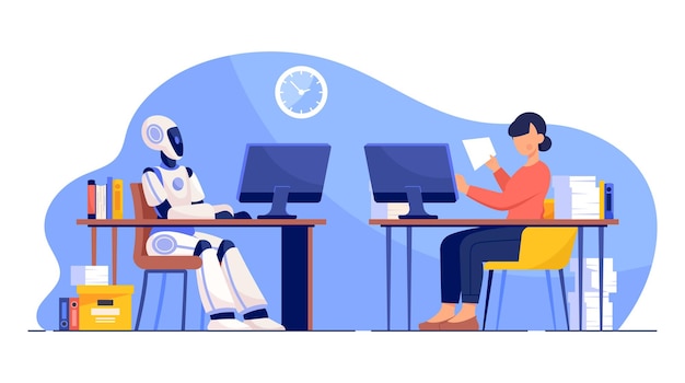 El concepto de trabajo humano y robótico de la mujer compite con la inteligencia artificial automatización del flujo de trabajo