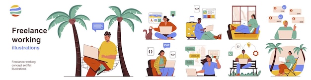 Concepto de trabajo independiente con colección de situaciones de personajes Paquete de escenas personas que trabajan en la computadora portátil en la oficina en casa en vacaciones en la playa en el parque de forma remota Ilustraciones vectoriales en diseño web plano
