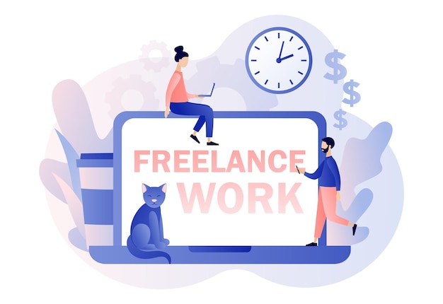 Concepto de trabajo independiente Personas diminutas trabajan en condiciones cómodas Espacio de trabajo Oficina en casa