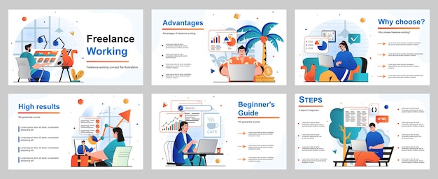 Concepto de trabajo independiente para la plantilla de diapositiva de presentación diseñadores, analistas, programadores trabajan