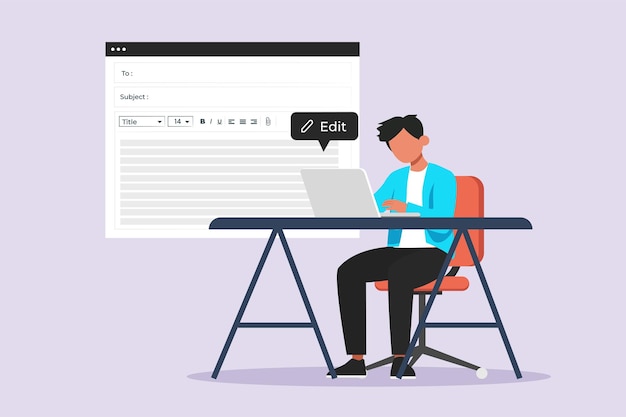 Concepto de trabajo informático escritura de texto publicación ilustración vectorial plana de colores aislada