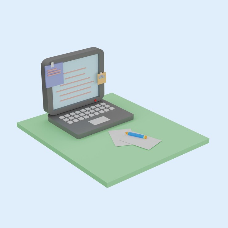 Vector concepto de trabajo informático escritura de texto publicación de objetos 3d realistas estilo de dibujos animados