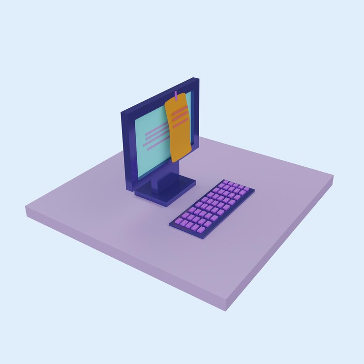 Vector concepto de trabajo informático escritura de texto publicación de objetos 3d realistas estilo de dibujos animados