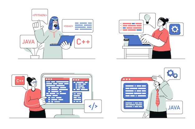 Concepto de trabajo de programación establecido en diseño de línea plana Hombres y mujeres trabajan con lenguajes de programación