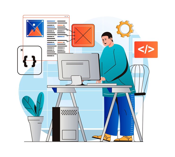 Vector concepto de trabajo de programación en programas de desarrollo de diseño plano moderno en diferentes idiomas