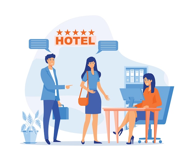 Concepto de trabajo de recepcionista gerente de consultoría al cliente en recepción turistas registrándose en el hotel
