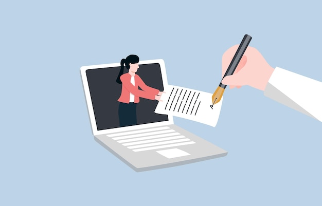 Concepto de trabajo remoto Empleado que aparece en la pantalla de la computadora portátil y entrega documentos al jefe para que los firme
