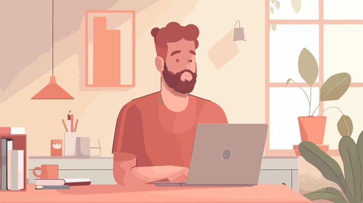 Vector concepto de trabajo remoto con un hombre trabajando en una computadora portátil en la oficina del hogar
