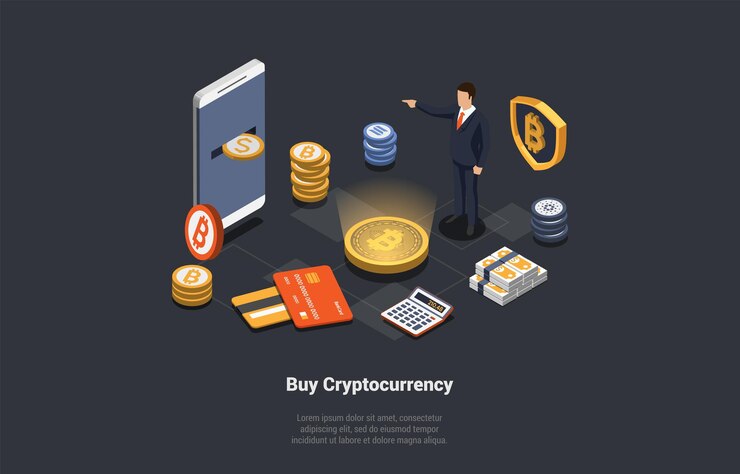Vector concepto de transacción de criptomonedas y personajes de tecnología blockchain que participan en ido ico invierte en pagos de rondas privadas para bienes en crypto isometric cartoon 3d vector illustration