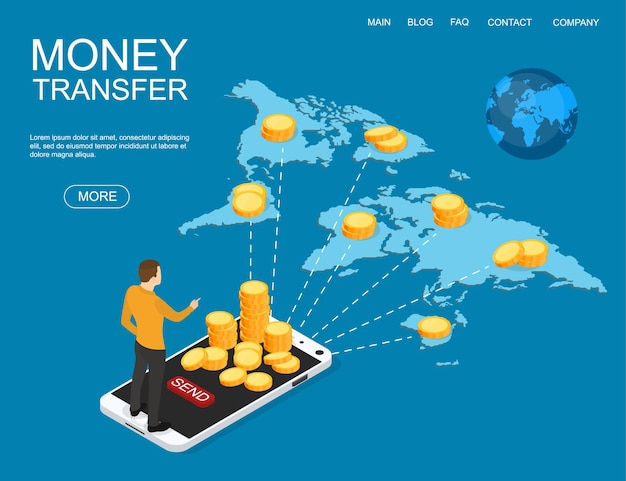 Concepto de transferencia de dinero en línea en todo el mundo. Operaciones financieras en banca online. Mapa del mundo. ilustración vectorial