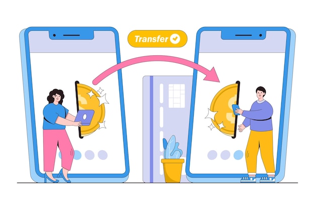 Concepto de transferencia de dinero móvil en línea con personajes de personas Flujo de capital ganando o haciendo dinero Ilustración de vector mínimo de estilo de diseño de esquema para imágenes de héroe de página de destino