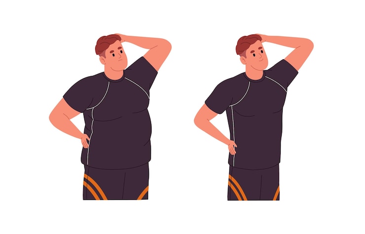 Vector concepto de transformación del cuerpo de pérdida de peso antes y después de la comparación de la figura del hombre progreso cambiante que se transforma de formas gordas a ilustración vectorial plana delgada aislada en fondo blanco
