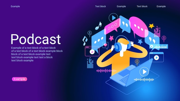 Concepto de transmisión de radio por podcast Composición de íconos con grabación de micrófono Escucha de audio