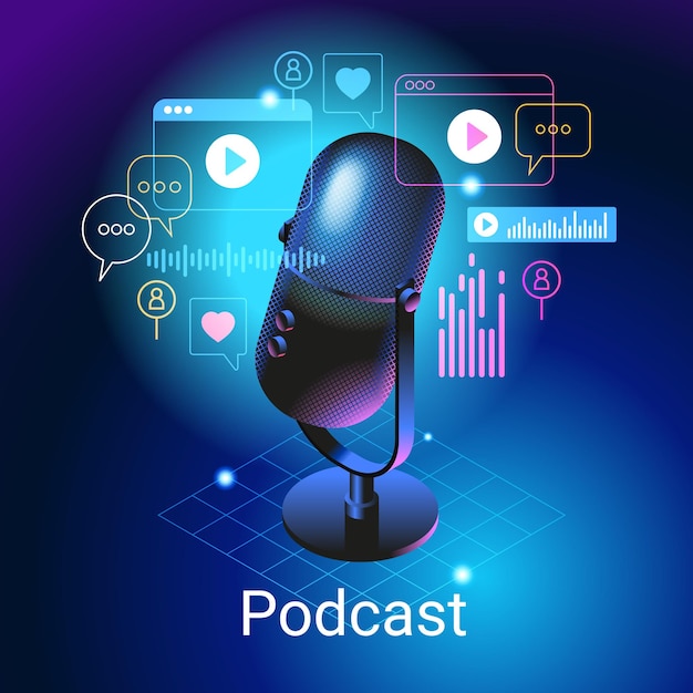 Concepto de transmisión de radio por podcast Composición de íconos con micrófono