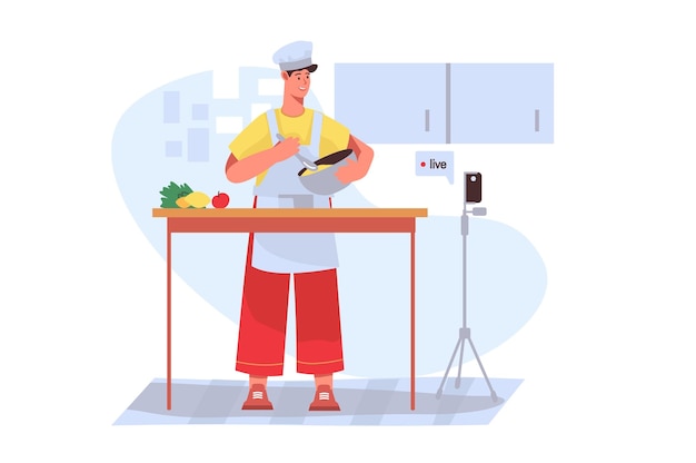 Vector concepto de transmisión de video en diseño plano hombre feliz cocinando la cena en un tazón y haciendo transmisión en línea