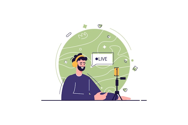 Concepto de transmisión en vivo con escena de personas en el estilo de caricatura plana El hombre realiza una transmisión en vivo