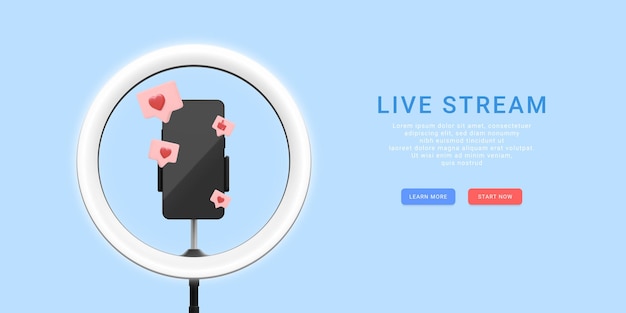 Concepto de transmisión en vivo realista en 3d Teléfono en trípode con bombilla e iconos sociales Ilustración vectorial
