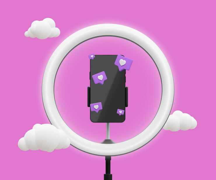 Vector concepto de transmisión en vivo realista en 3d teléfono en trípode con nubes de bombilla e iconos sociales ilustración vectorial