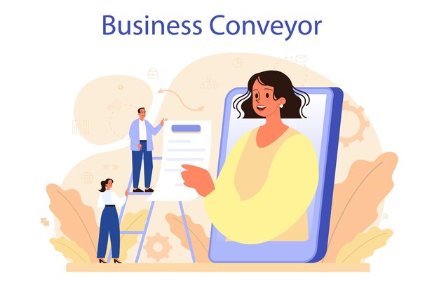 Concepto de transportador de negocios Idea de desarrollo y coordinación de negocios Optimización y racionalización de la planificación de proyectos de negocios Trabajo en equipo efectivo Ilustración de vector plano aislado