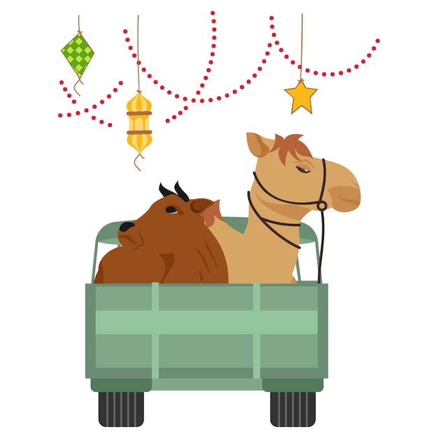 Concepto de transporte de animales de sacrificio al matadero Toro y camello Vector del asiento trasero sentado
