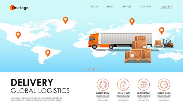 Concepto de transporte de carga intercontinental El hombre en la carretilla elevadora carga cajas de madera en el camión Puntos de entrega en el mapa mundial Red logística global Aplicación de navegación de seguimiento de pedidos Ilustración vectorial