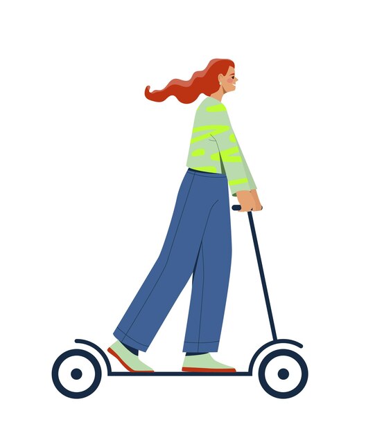Concepto de transporte eléctrico Mujer en scooter ecológico Cuidado con la naturaleza y la ecología Estilo de vida activo y viaje deportivo Ilustración de vector plano de dibujos animados aislado sobre fondo blanco