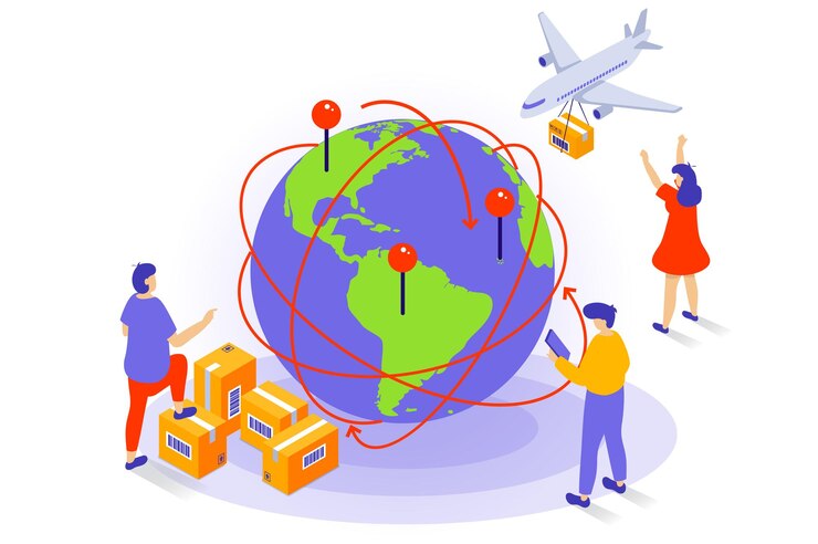 Vector concepto de transporte y logística en diseño isométrico 3d. la gente trabaja en una empresa de entrega global con servicio de exportación e importación de carga aérea. ilustración vectorial con escena isométrica para gráficos web.