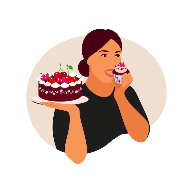 Concepto de trastorno alimentario. Una mujer está pensando en romper su dieta. ilustración vectorial Plano