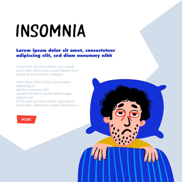 Concepto de trastorno del sueño Carácter de hombre con insomnio en la cama