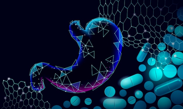 Vector concepto de tratamiento médico de estómago humano. la cápsula de la píldora ayuda a la terapia. plantilla de cartel de medicina de prevención de análisis de dolor de abdomen de cáncer de sistema digestivo. ilustración de vector 3d.