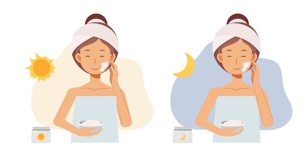 Concepto de tratamiento de la piel facial. mujer usando ceram de día y crema de noche. ilustración de personaje de dibujos animados de vector plano.