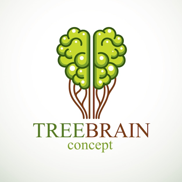 Concepto Tree Brain, la sabiduría de la naturaleza, evolución inteligente. Cerebro anatómico humano en forma de árbol verde. Alimentación cerebral con productos dietéticos. Diseño de logotipo o icono vectorial.