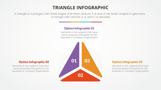 Concepto de triángulo infográfico para presentación de diapositivas con lista de 3 puntos y triángulo de forma central