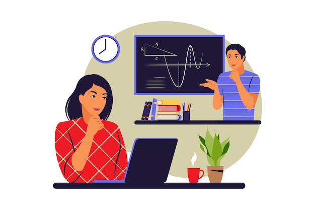 Concepto de tutorial en línea. Aprendizaje, cursos, tutoriales. Ilustración vectorial. Plano.