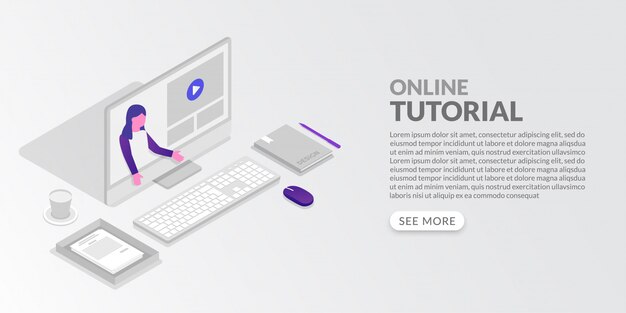 Concepto de tutorial en línea en estilo isométrico, aprenda desde su hogar con la plataforma de videoconferencia