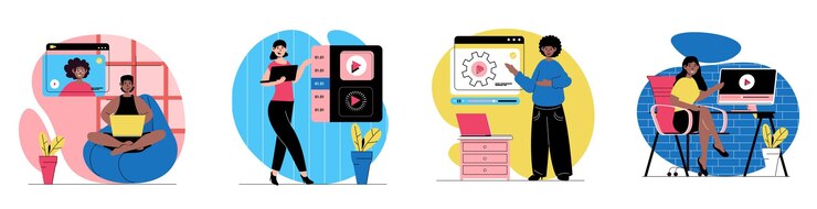 Vector concepto de tutorial de video con personas escenas ambientadas en diseño web plano conjunto de situaciones de personajes con hombres y mujeres viendo tutoriales en línea obteniendo conocimiento en seminarios web ilustraciones vectoriales