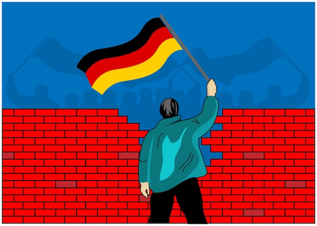 Vector concepto para la unión de alemania occidental y alemania oriental caída del muro de berlín