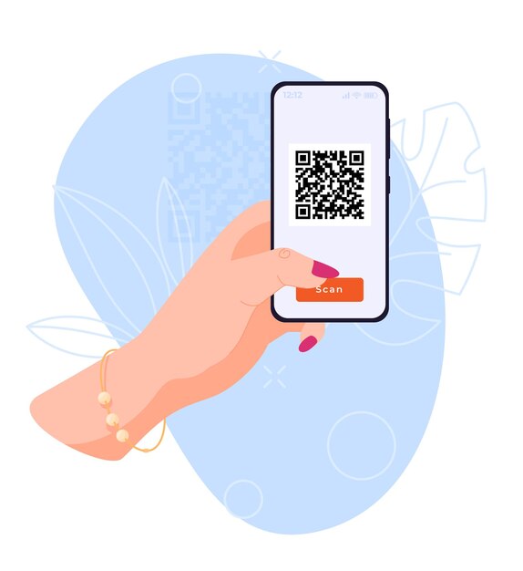 Concepto de usar un teléfono inteligente en las manos escanear la ilustración del código qr