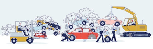 Concepto de utilización de vehículos. los personajes trabajan en el depósito de chatarra clasificando automóviles usados viejos y montones de automóviles dañados. personajes desmantelando coches. ilustración de vector plano de contorno lineal de dibujos animados