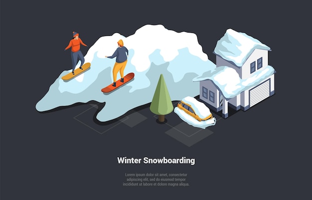 Concepto de vacaciones de invierno y vacaciones en la estación de esquí hotel de lujo en la estación de esquí con paisaje nevado de montaña y niña de coche nevado snowboarding con instructor ilustración de vector de dibujos animados 3d isométrico