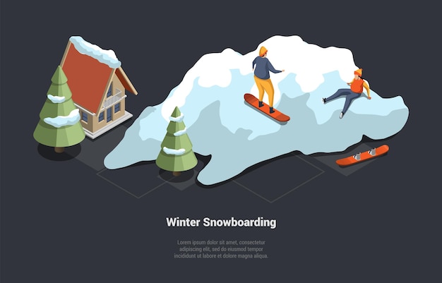Concepto de vacaciones de invierno y vacaciones en la estación de esquí Hotel de lujo en la estación de esquí con techos nevados El hombre y la mujer están haciendo snowboard cuesta abajo y se divierten mucho juntos Ilustración vectorial 3D isométrica