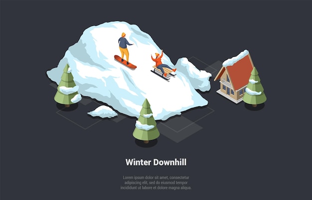 Concepto de vacaciones de invierno Vacaciones familiares de Navidad La gente disfruta de las vacaciones de invierno Personajes Snowboarding Trineo Divirtiéndose Pasando tiempo juntos Isométrico 3D Cartoon Vector Ilustración