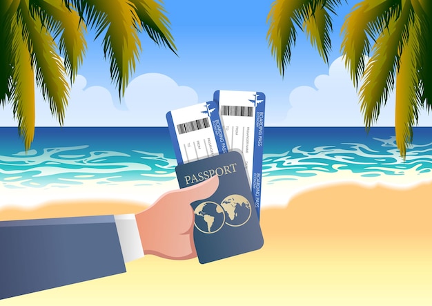 Vector concepto de vacaciones de negocios de boleto de mano tarjeta de embarque documento de viaje vacaciones en el mar mar