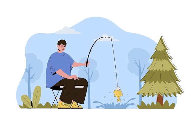 Concepto de vacaciones de pesca hombre pescador captura peces con caña descansando en el bosque
