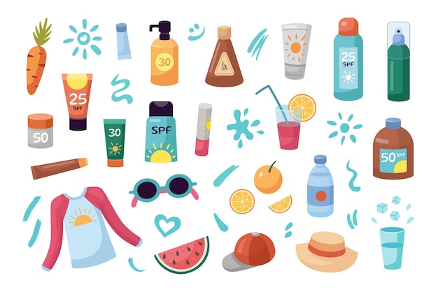 Concepto de vacaciones en la playa Diseño plano de dibujos animados Colección de productos cosméticos SPF