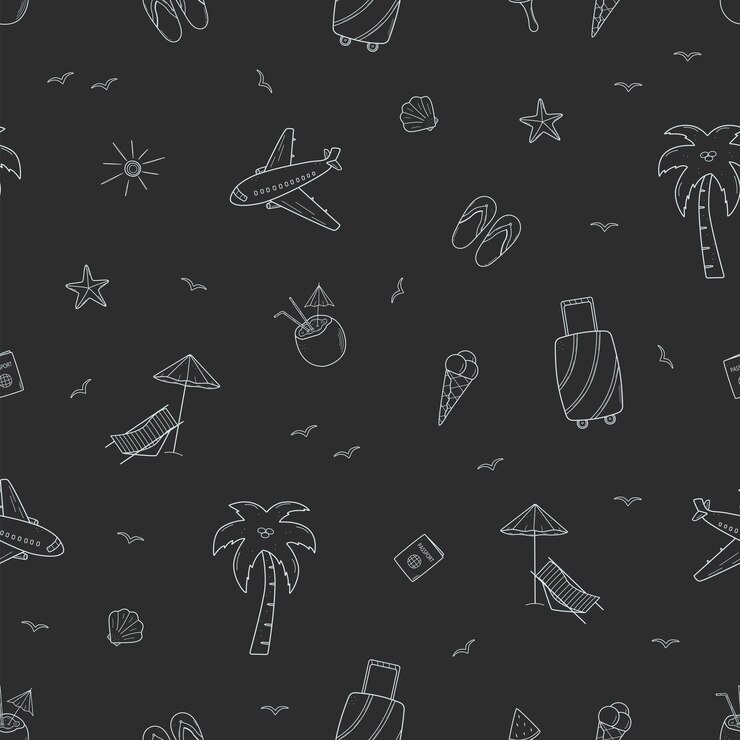 Concepto de vacaciones en la playa con patrón sin costuras Ilustración vectorial de un sombrero de cóctel de avión de palma