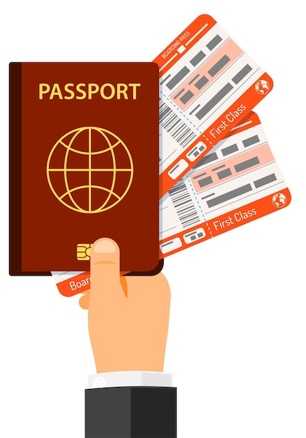 Concepto de vacaciones y turismo con iconos planos Mano con pasaporte y billetes de avión ilustración vectorial aislada