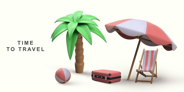 Concepto de vacaciones de verano en 3d con sombrilla de playa y elementos de verano.