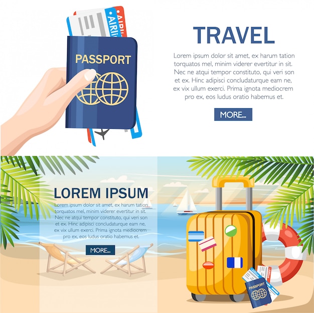 Concepto de vacaciones de verano. equipaje amarillo, pasaporte, billete en la playa de verano. estilo. ilustración sobre fondo de playa con hojas de palmera verde. diseño de páginas web y aplicaciones móviles